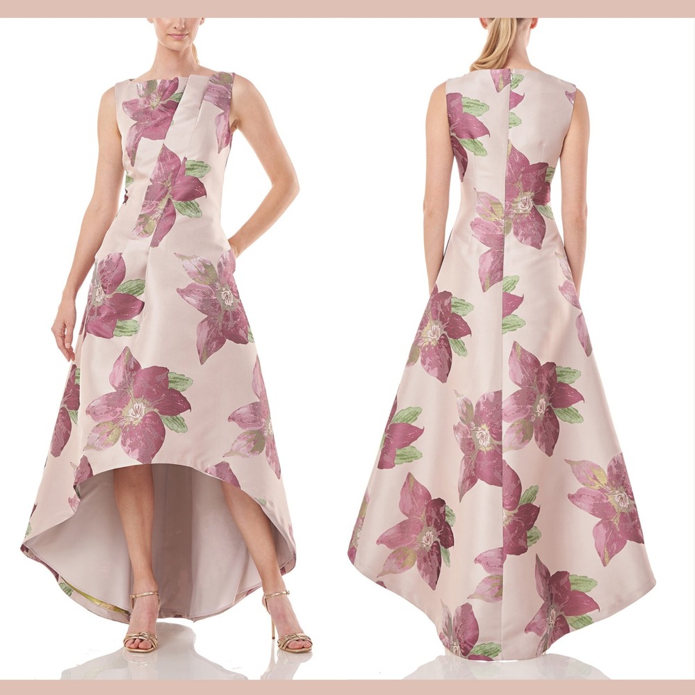 NEW $398 Kay Unger [‎ 2 ] Palmer Floral Jacquard High-Low Gown Blush Rose J1884